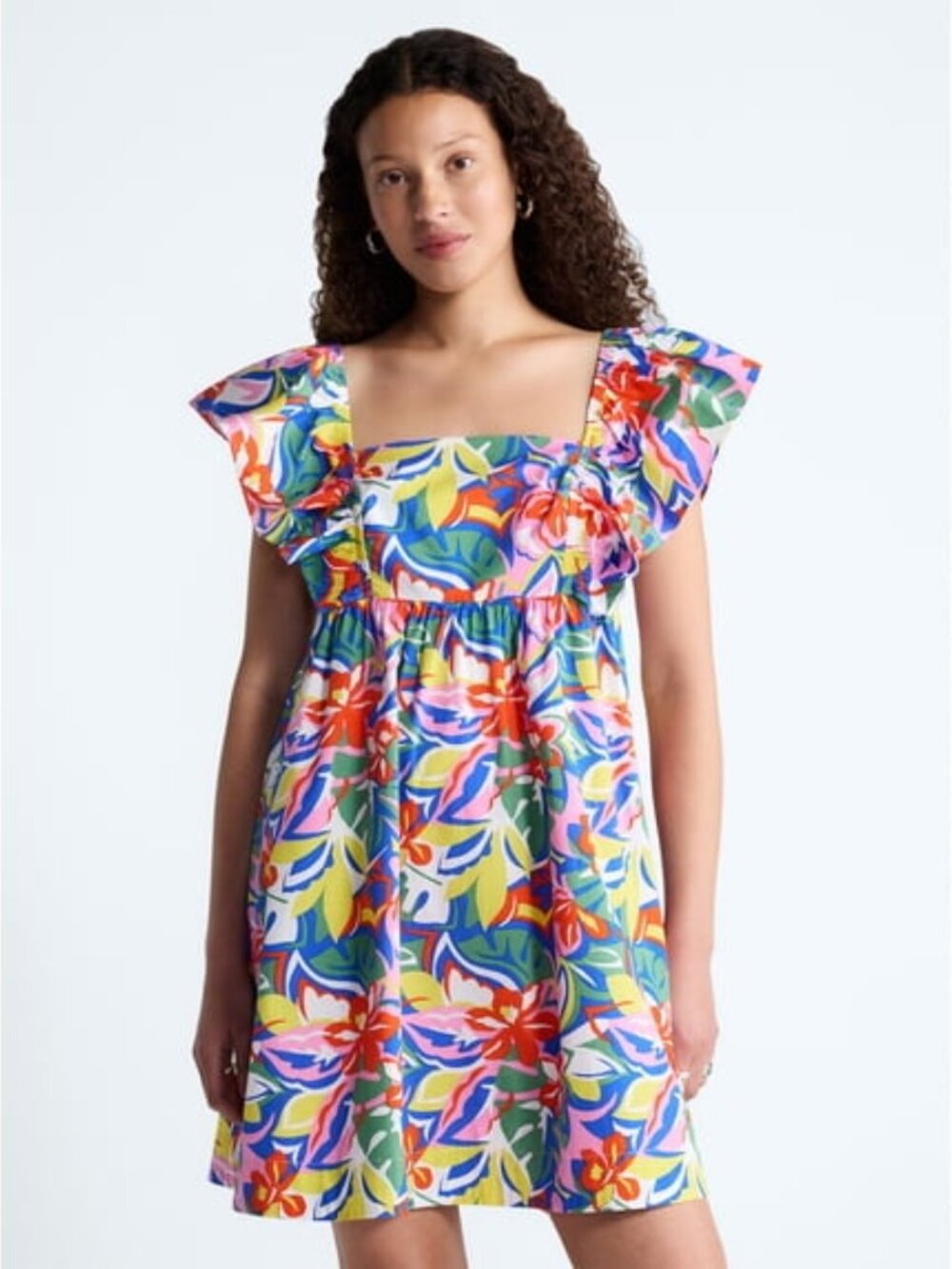 NEW Free Assembly Bright Tropical Floral Cotton Ruffle Mini Dress - Picture 3 of 4